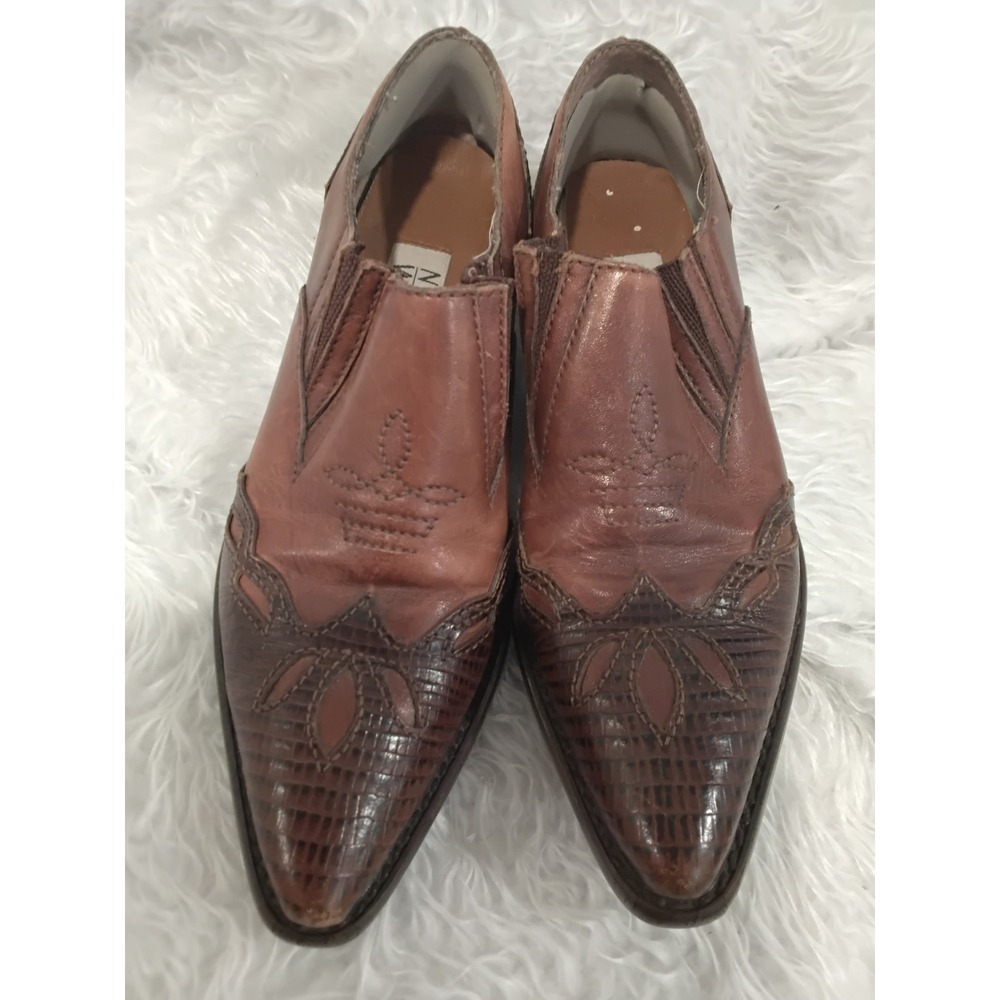Nine West Vintage Brown Leather Western Loafers Faux Croc Pointed Toe Shoes 6M
